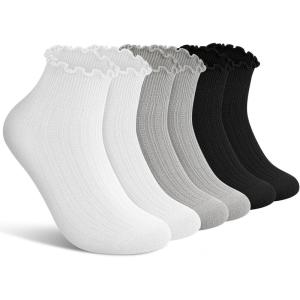 imagewernies Ruffle Socks Womens 6 PairsCute Ankle Lettuce Edge Frilly Athletic Crew Socks2black2white2gray6 Pairs
